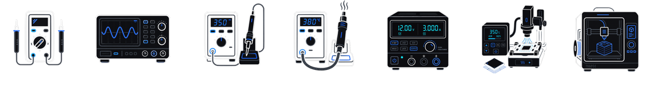 Bench equipment: multimeter, oscilloscope, solder, hot air, DC variable, BGA rework, and 3D printer