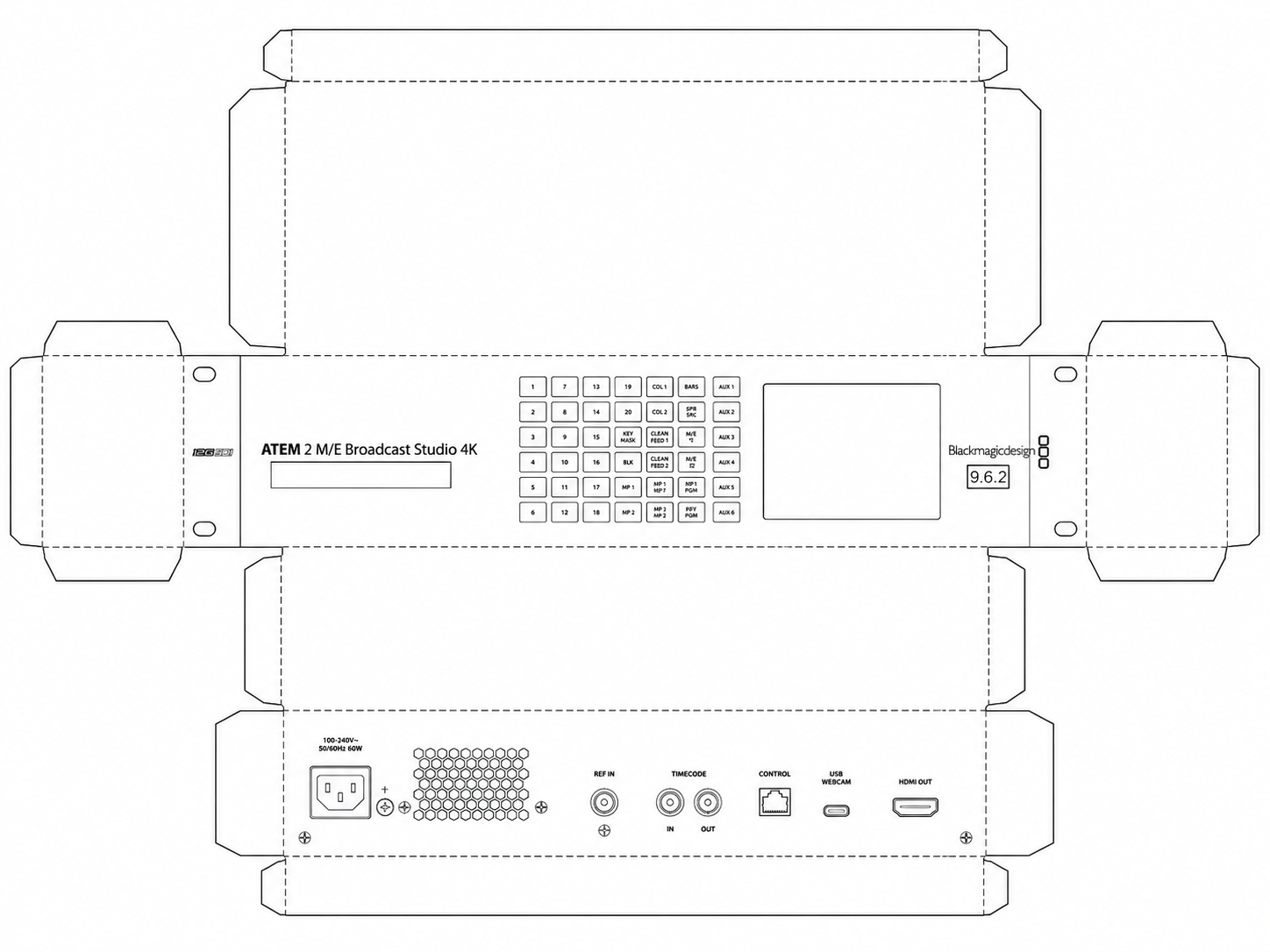 Blackmagic ATEM 2 M-E Production Studio 4K Live Production Video Switcher geometric net diagram