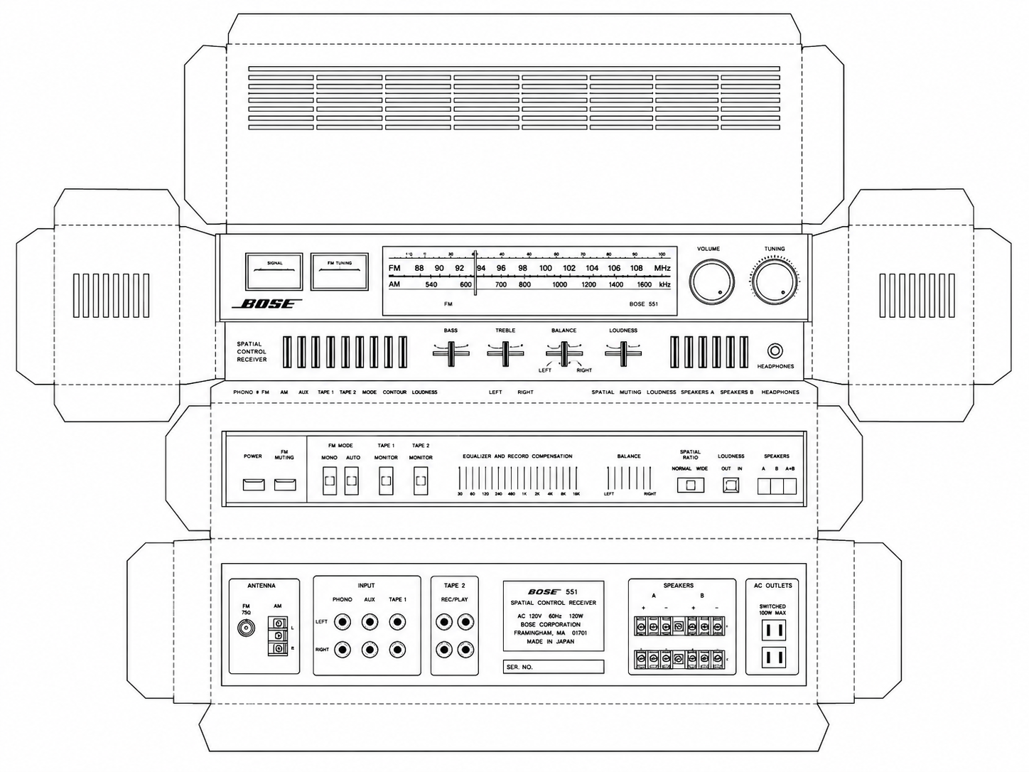 Bose 551 Spatial Control Receiver Audio Equipment geometric net diagram