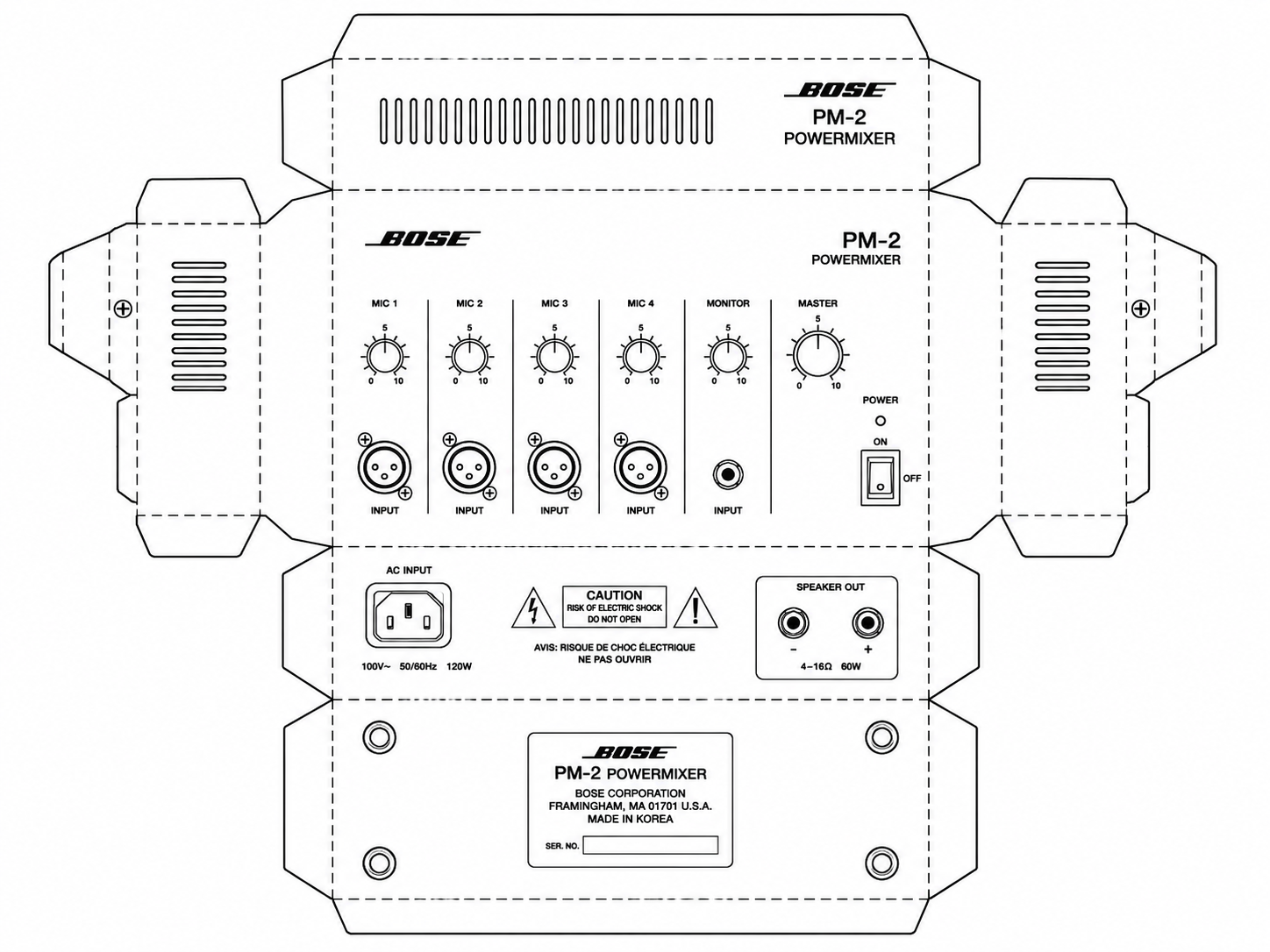 Bose PM-2 Powermixer Powered Audio Mixer geometric net diagram