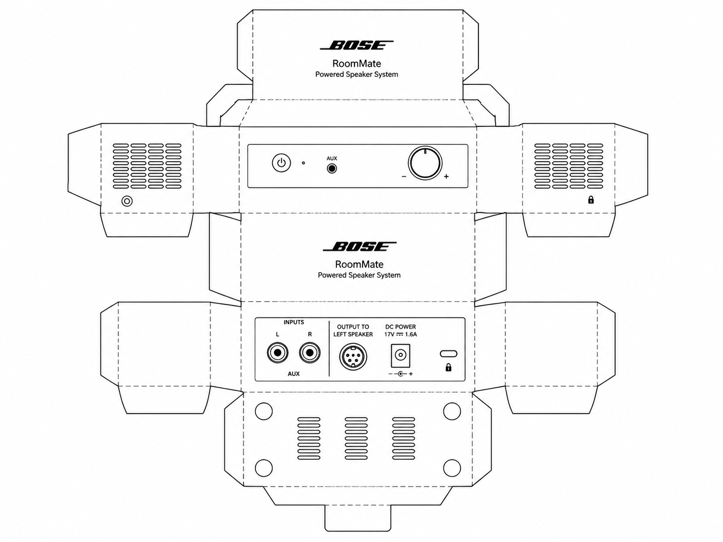 Bose RoomMate Powered Speaker System Audio Equipment geometric net diagram