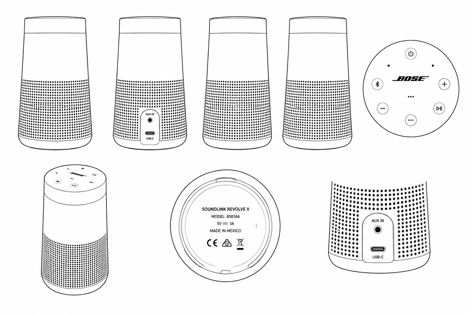Bose SoundLink Revolve II Portable Bluetooth Speaker geometric net diagram