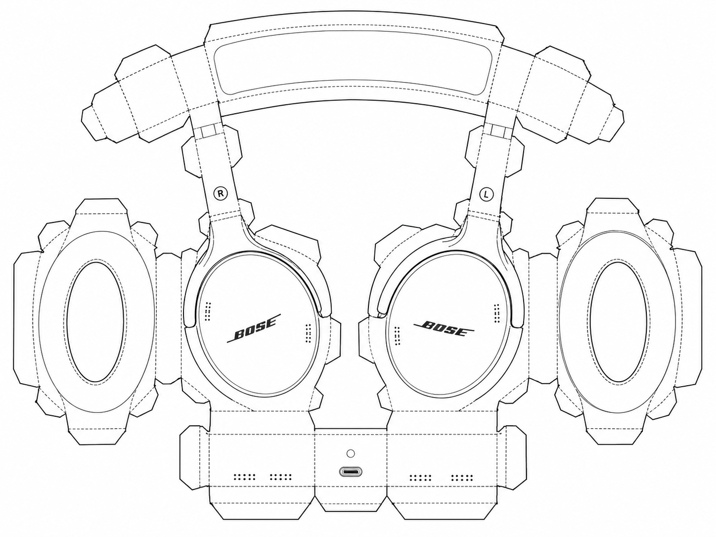 Bose QuietComfort Headphones (2nd Gen) Wireless Noise-Cancelling Headphones geometric net diagram