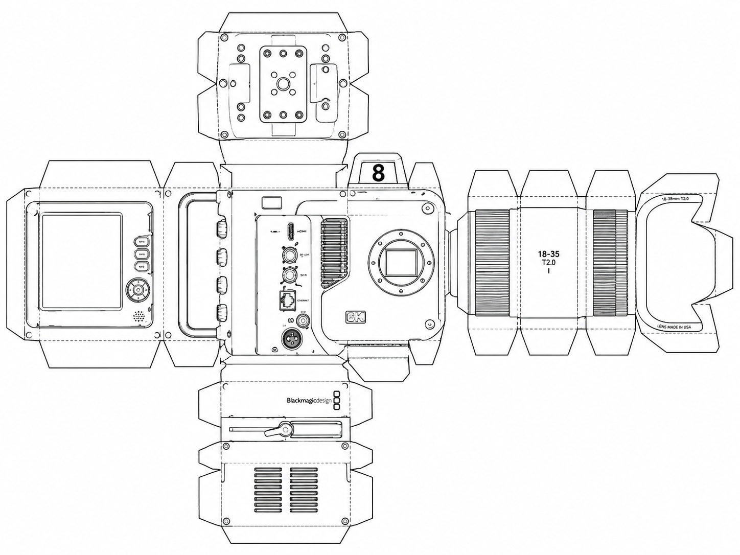 Blackmagic Studio Camera 6K Pro Professional Video Camera geometric net diagram