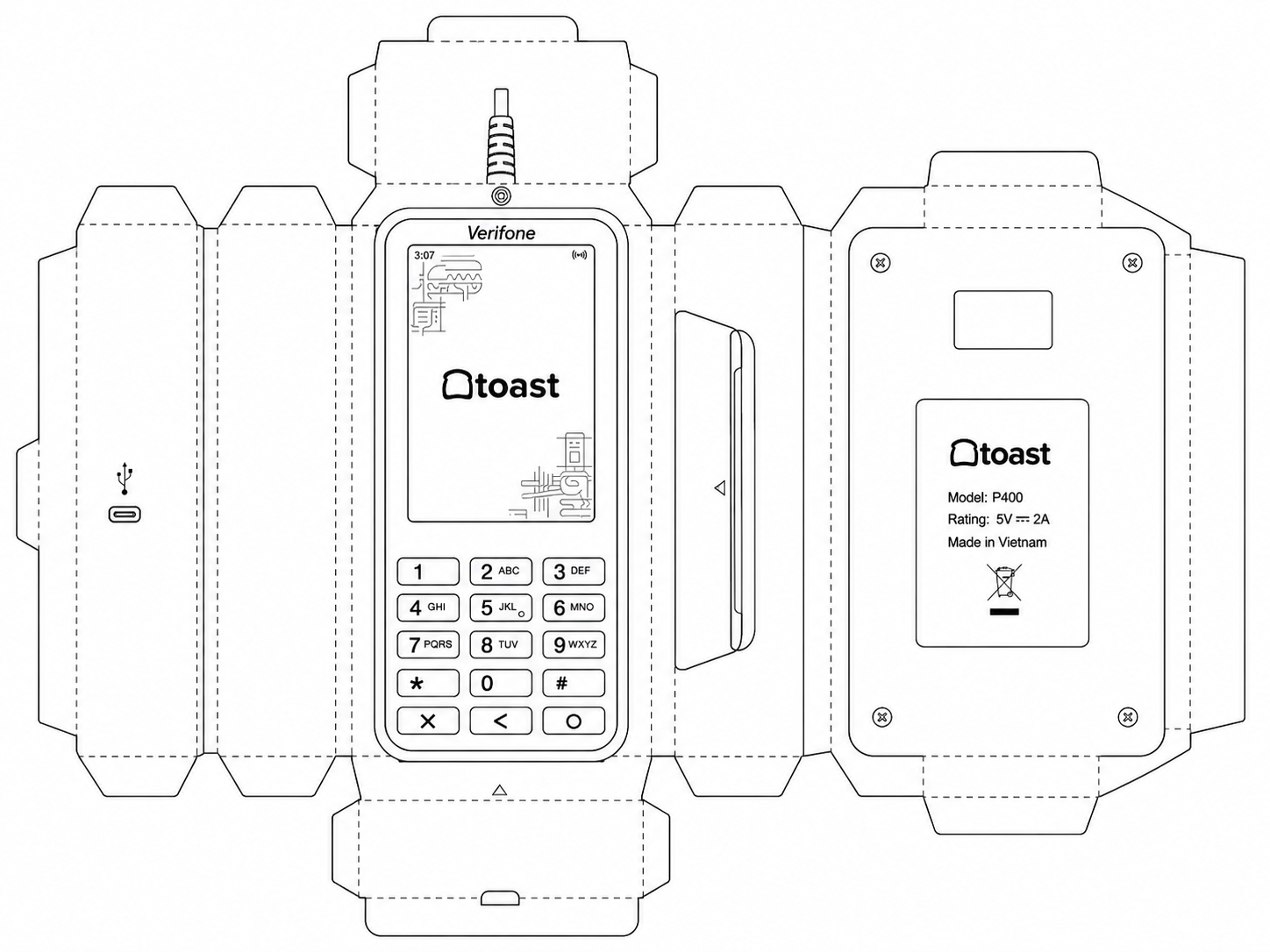 Toast P630 Payment Terminal / PIN Pad geometric net diagram
