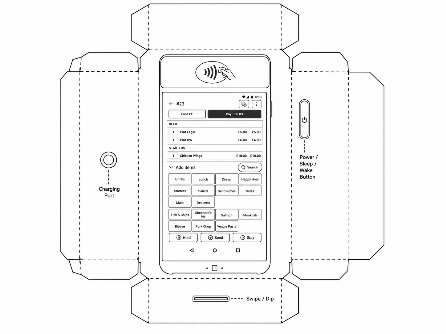 Toast S1 Handheld Handheld Point-of-Sale Terminal / Payment Device geometric net diagram